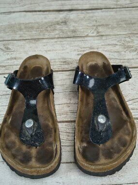 Birkenstock Gizeh Soft Footbed Black Patent Glitter Sandals Size EU 37